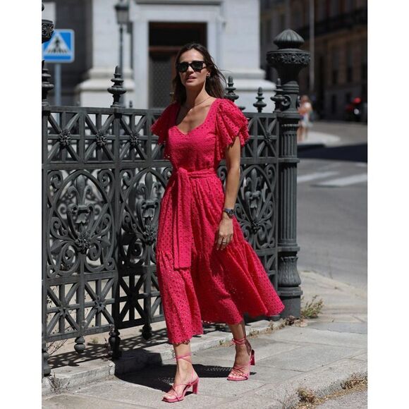 ZARA Fuchsia Openwork Embroidered Midi Dress New - Picture 5 of 7